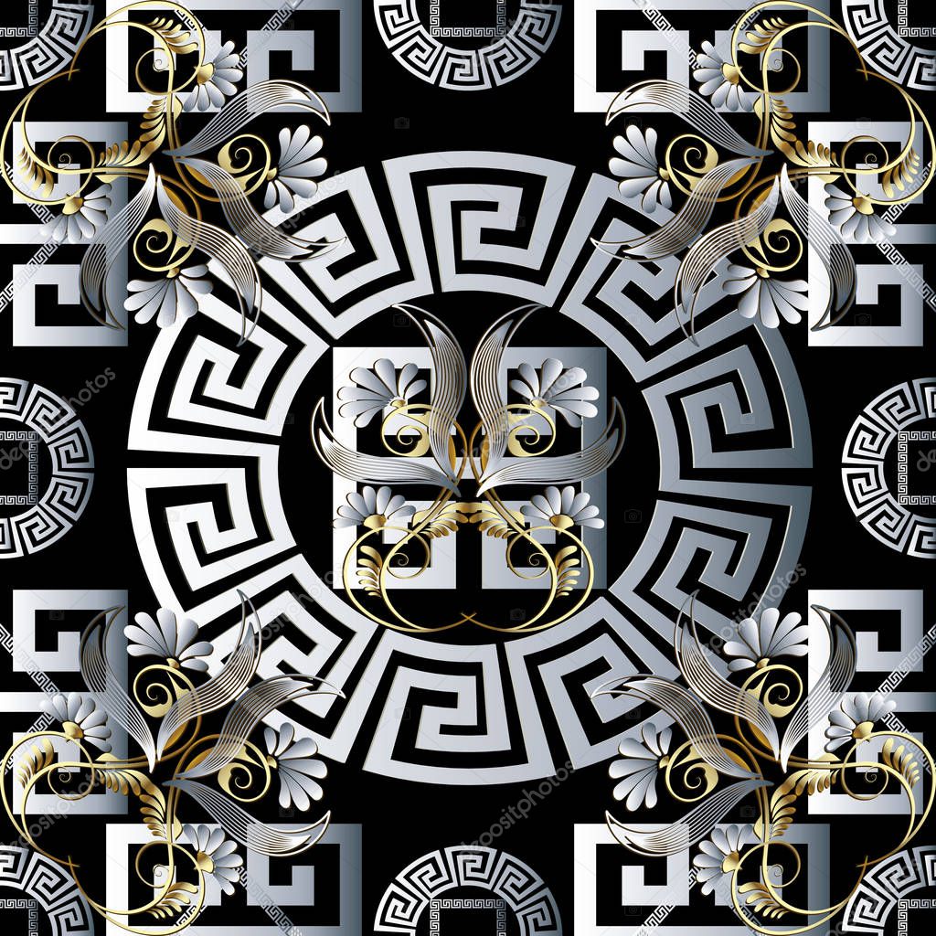 Floral greek 3d seamless pattern. Vector meander background. Ornamental panel. Ancient mandala. Vintage white 3d flowers, gold leaves, swirls. Meander greek key ornaments. Modern wallpaper design.