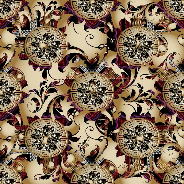 Floral grec vecteur 3d motif sans couture. Vintage beige — Image vectorielle