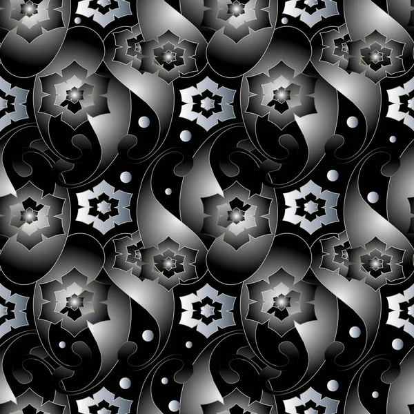 Resumen 3d paisley patrón sin costuras. Vector negro oscuro floral — Vector de stock