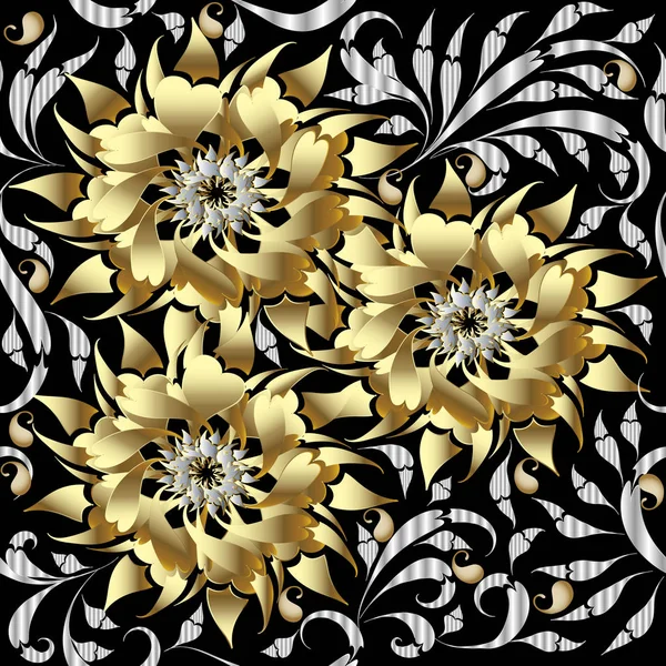 Gold 3d blommor sömlösa mönster. Vector blommig bakgrund. — Stock vektor