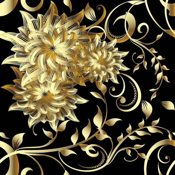 Flores de oro 3d de lujo patrón sin costura. Vector floral vintage — Vector de stock