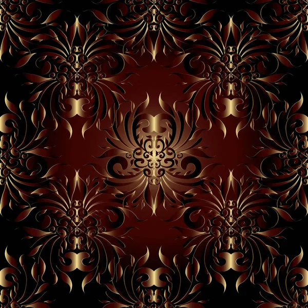 Oscuro adornado damasco 3d patrón sin costura. Vector floral brillante — Vector de stock