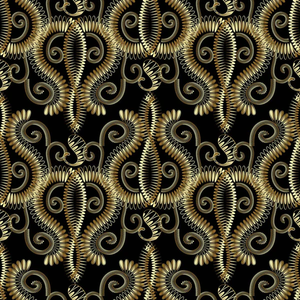 Paisley floral gold 3d seamless pattern. Patterned vector — Stock Vector