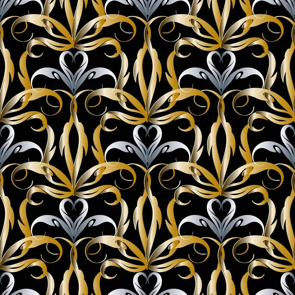 Damas or argent motif sans couture 3d. Motifs vectoriels ornés — Image vectorielle