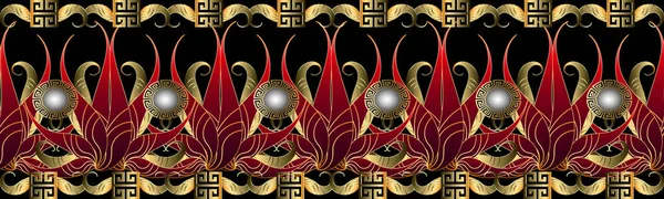 Süslü 3d çiçek Yunan anahtar vektör sorunsuz sınır tasarlamak.