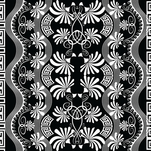 Floral greek vector black and white seamless pattern. Geometric — Stock Vector