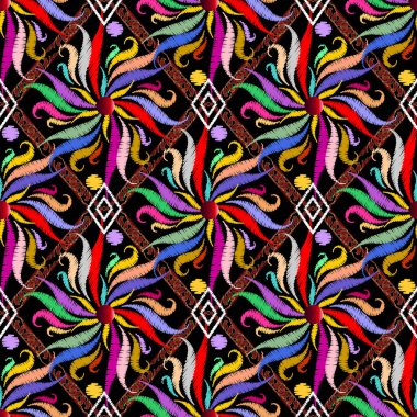 Çiçek renkli etnik stil nakış seamless modeli. Parlak