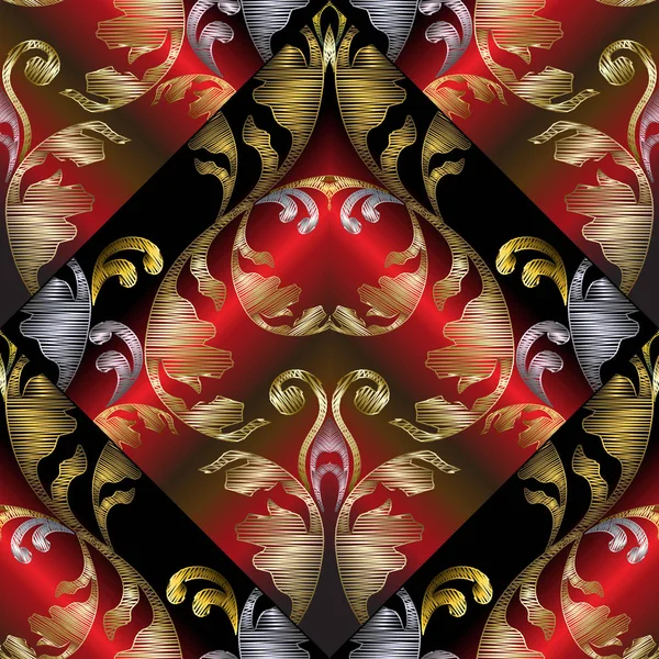Broderie 3D motif baroque sans couture. Vecteur or rouge noir — Image vectorielle
