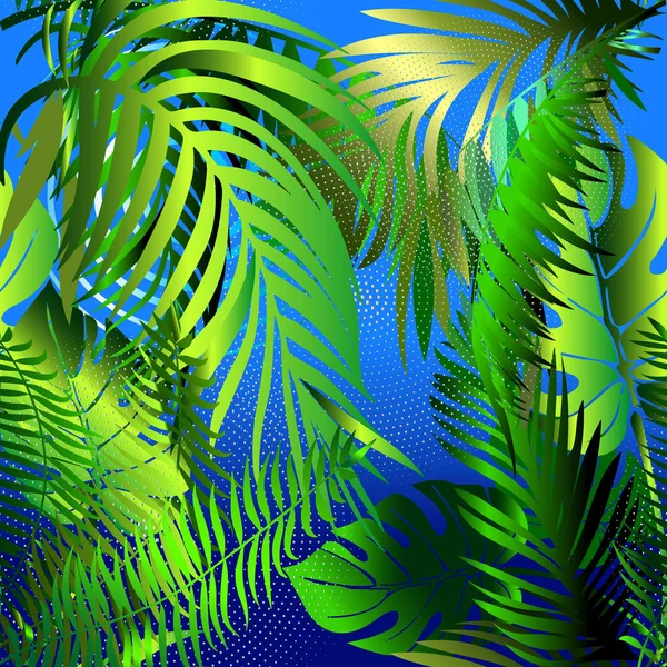 Palm leaves decorative seamless pattern. Vector blue abstract — Stock Vector