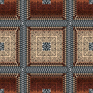 Duvar halısı desenli 3 boyutlu geometrik vektör pürüzsüz desen. Damalı işlemeli fermuar arka planı. Süslü tekrar dekoratif tartan arkaplanı. Çizgili işlemeli halı süsü. Grunge Yunan anahtar açıcı