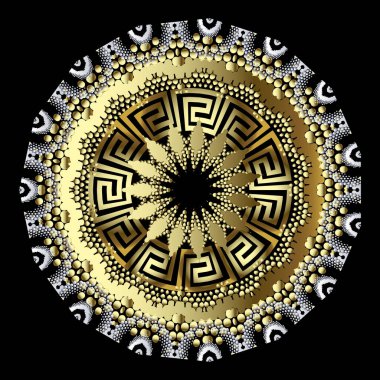 3D altın noktalı mandala deseni. Süslü yüzey geometrik Yunan arka planı. Altın soyut çiçek süsü. Yunan anahtarlarıyla. Çevre süsleri, noktalar, şekiller, çiçekler. Süsleme vektör tasarımı.