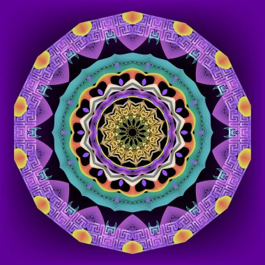 Modern soyut çizgiler, iz sürme fraktalları vektör mandala deseni. Renkli süs Yunan arka planı. Soyutlama. Modaya uygun geometrik yunan kilit kavşakları süslemesi. Desenli çiçek çemberi tasarımı.