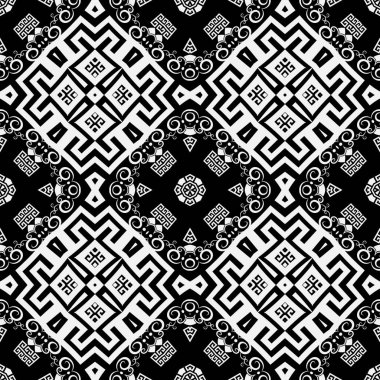 Zarif, siyah ve beyaz kabile vektörlerinin kusursuz desenleri. Süslü Yunan etnik geçmişi. Geometrik tekrar arkaplanı. Dekoratif Yunan anahtar süsü girdaplar, çiçekler, şekiller.