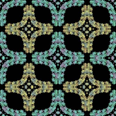 Duvar halısı renkli, soyut, dikişsiz desen. Nakış süsleme vektör arka planı. Etnik grunge geometrik kabile şekilleri. Kalıplı, karmaşık kumaş deseni. Süslü püslü süsler..