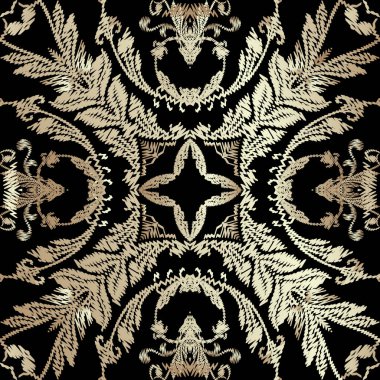 Duvar halısı, altın rengi, Barok tarzı, pürüzsüz desen. Nakış süsleme vektör arka planı. Damask grunge klasik altın çiçekler, şekiller. Dokulu kumaş deseni. İşlemeli halı süslemeleri..