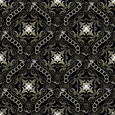 Süslü, süslemeli, dekoratif zincirleri olan, kusursuz bir arabesk deseni. Klasik Arap tarzı Damask arkaplanı. Lüks, karanlık arka planı tekrarlıyor. Süslü tasarım. Sonsuz modern çizgi sanat dokusu.