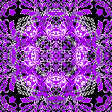 Dekoratif süs çiçekli Yunan tarzı vektörsüz desen. Renkli geometrik arka plan. Yunan anahtar turları klasik menekşe çiçekleri, yapraklar, şekiller ve çizgilerle simetrik beyaz süsler.