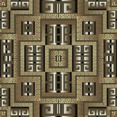Yunan modern 3d altın vektörü kusursuz desen. Soyut geometrik yüzey arkaplanı. Lüks arka planı tekrar edin. Dekoratif dekoratif Yunan anahtarlarıyla süslenmiş çizgiler, kareler, geometrik şekiller.