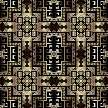 Geometrik altın 3d Yunan vektörü kusursuz desen. Yüzeysel çizgili arka plan. Modern dekoratif arka plan. Soyut süslemeli Yunan anahtarlarıyla süslenmiş çizgiler, kareler, şekiller.