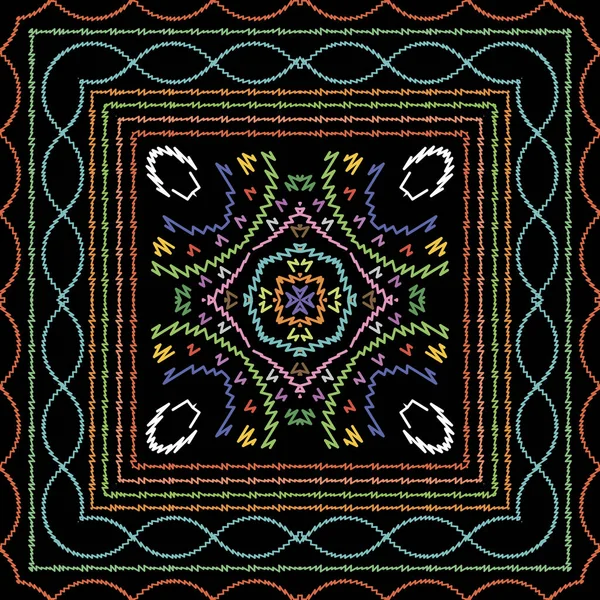 Полосатая геометрическая вышивка бесшовный узор. Цветной векторный фон. Текстурированный гобелен племенной этнический стиль украшение с гранж вышитые абстрактные цветы, формы, полосы, квадратные рамки, волны — стоковый вектор