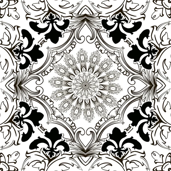 Barokowy styl czarno-biały wektor bezszwowy wzór. Powtórz dekoracyjne tło kwiatowe. Monochromatyczne tło. Vintage kwiaty, liście, ramki, okrągłe ozdoby mandali. Elegancki design. Wzór. — Wektor stockowy