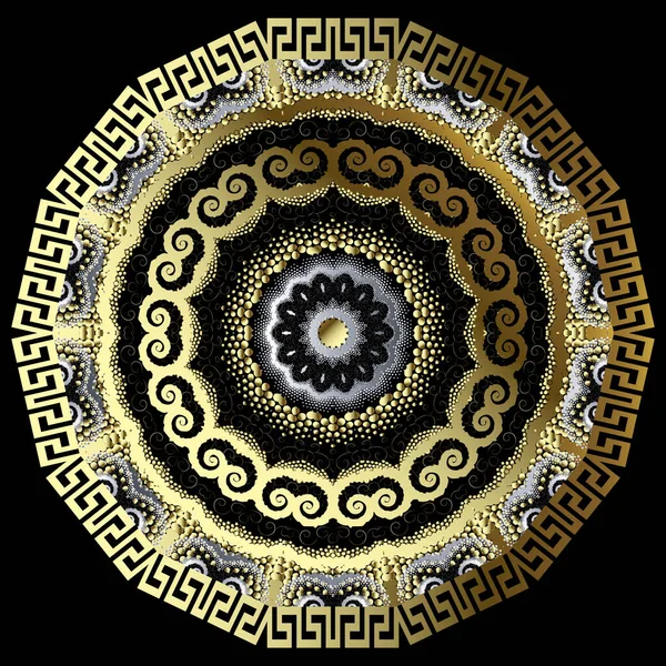 3Dギリシャスタイルのラウンドマンダラパターン点線。装飾的な表面幾何学的背景。ギリシャキーを持つ金抽象的な花の装飾は、円の装飾、ドット、形、花を意味します。ベクトルデザインの候補 — ストックベクタ