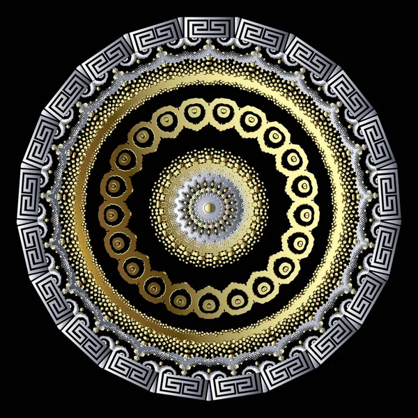 3d Gold rund gepunktetes Mandala-Muster. ornamentale Oberfläche geometrischen griechischen Hintergrund. Gold abstrakten floralen Ornament mit griechischen Schlüssel mäandert Kreis strukturierten Ornament, Punkte, Formen, Rahmen. — Stockvektor