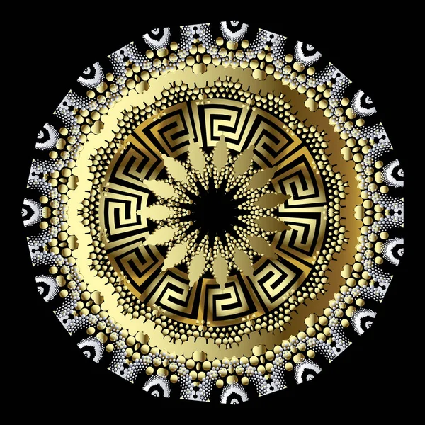 3Dゴールドラウンド点線マンダラパターン。装飾的な表面幾何学的なギリシャの背景。ギリシャキーを持つ金抽象的な花の装飾は、円の装飾、ドット、形、花を意味します。ベクトルデザインの候補. — ストックベクタ