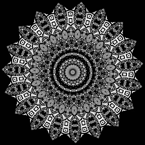 Zigzag zwart met wit Grieks mandala patroon. Vector achtergrond met vintage bloemen, wervelingen, vormen, cirkels. Meander Griekse sleutel mandala ornament. Versierde mooie textuur. Bloemen monochroom ontwerp. — Stockvector
