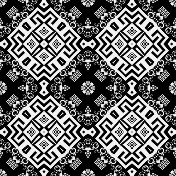 Elegante bellissimo modello bianco e nero vettore tribale senza soluzione di continuità. Origine etnica greca ornamentale. Scenario geometrico ripetuto. Decorativo greco chiave meandro ornamento con turbinii, fiori, forme . — Vettoriale Stock