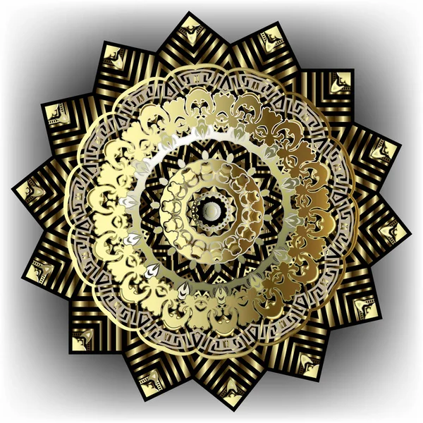 Barock 3D-Zickzack-Mandala-Muster. Vektor Hintergrund mit Vintage Gold 3D-Blumen, Blättern, Streifen. Mäander griechischen Schlüssel Mandala Ornament. reich verzierte schöne Textur. luxuriöse florale Oberflächengestaltung. — Stockvektor