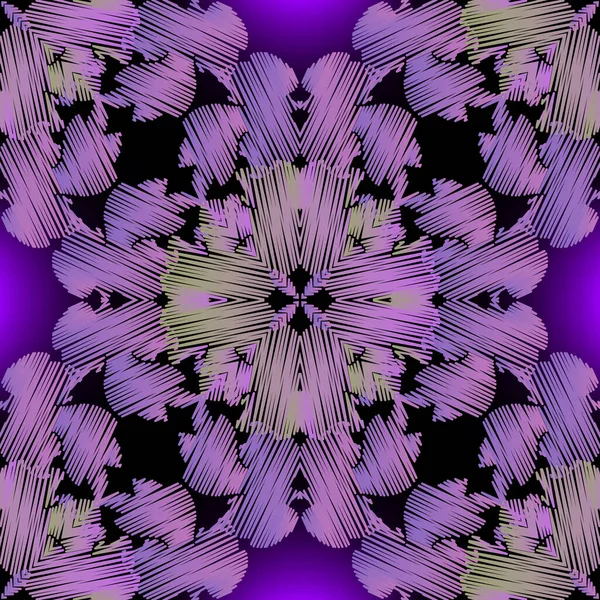 Blumenstickerei texturierte Vektor nahtlose Muster. bunte Oberfläche glühenden violetten Hintergrund. Tapisserie schöne Ornamente mit Grunge bestickten Blumen. Aufwändiges Design. endlose dekorative Textur. — Stockvektor