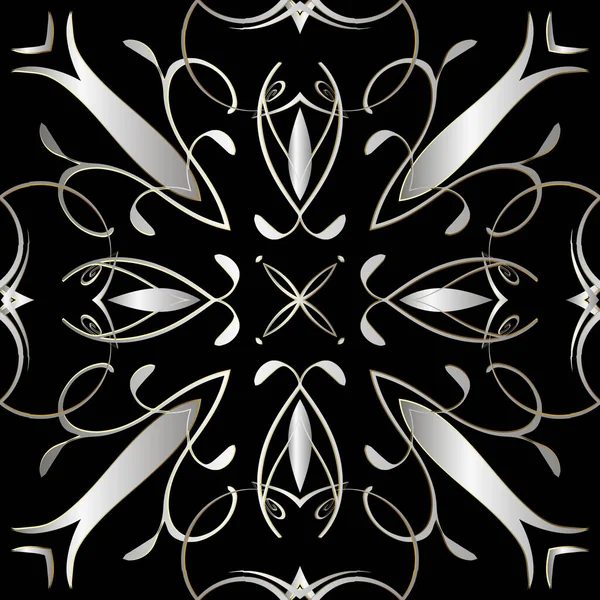 Vector de plata Patrón sin costura Damasco. Fondo floral ornamental vintage. Adorno abstracto de elegancia con flores, líneas de remolino, curvas, formas, flores. Diseño ornamentado decorativo. Textura interminable . — Vector de stock