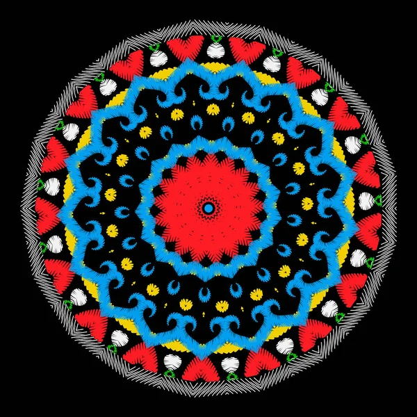 Tapiz colorido patrón mandala redondo. Bordado fondo vectorial ornamental. Flores tribales étnicas paisley, formas. Patrón de tela texturizada. Adornos de alfombras bordadas adornadas con motivos . — Vector de stock