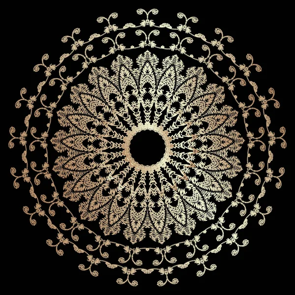 Tapestry gold Baroque style mandala pattern. Embroidery ornamental vector background. Damask round vintage golden flowers, shapes. Textured lace pattern. Patterned embroidered carpet ornaments. — Stock Vector