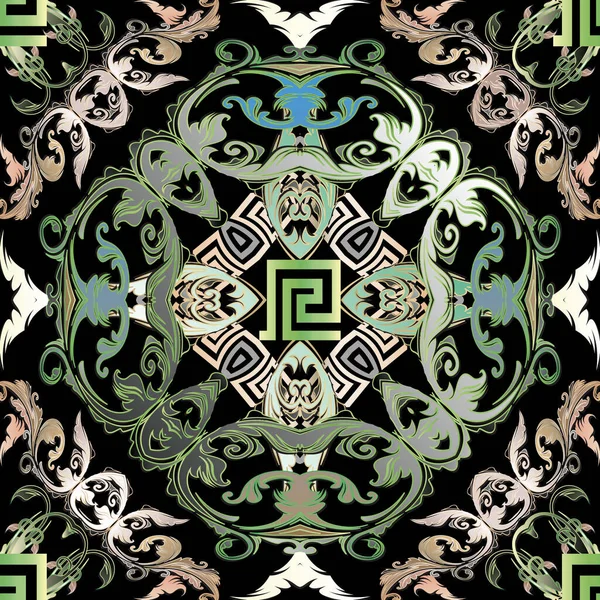 Díszítő színes barokk vektor zökkenőmentes minta. Görög kulcs vándorok dísz. Absztrakt virágos Damask háttér. Vintage viktoriánus stílusú barokk minták. Geometrikus formák, virágok, levelek. — Stock Vector