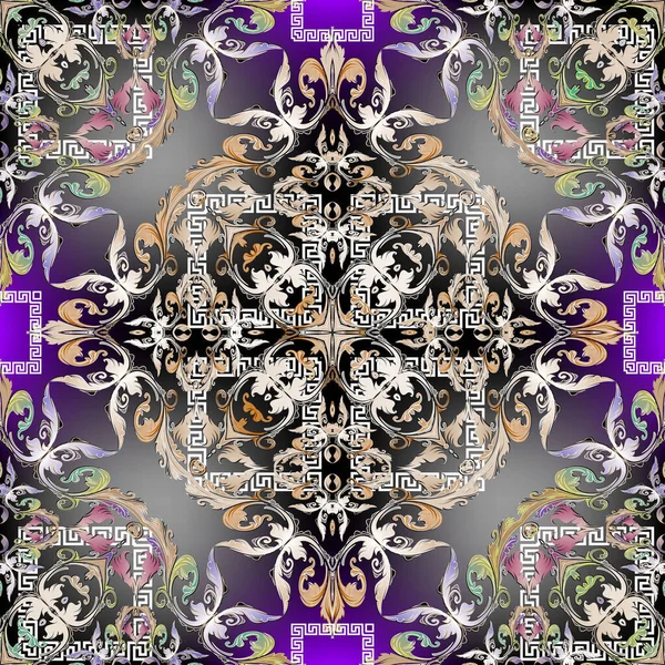 Sierlijke kleurrijke barokke vector naadloos patroon. Griekse sleutel meandert ornament. Abstract bloemen gloeiende achtergrond. Vintage Victoriaanse stijl barokke patronen. Geometrische vormen, bloemen, bladeren, vierkanten. — Stockvector