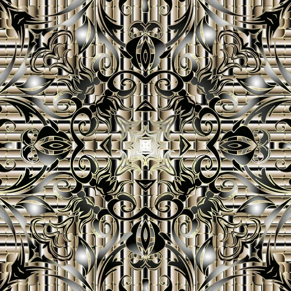 Modèle texturé abstrait vecteur 3d floral sans couture. Surface rayée fond ornemental. Fleurs vintage, feuilles de style baroque. Répétez Damas décor orné. Texture sans fin élégante décorative — Image vectorielle