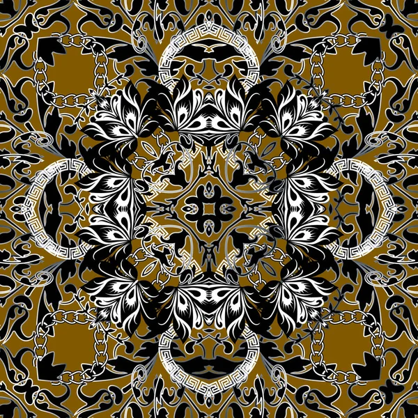 Decorativo ornamental floral griego estilo vector patrón sin costuras. Fondo geométrico colorido. Clave griega meandros ornamento con flores vintage en blanco y negro, hojas, cadenas, formas, contornos . — Archivo Imágenes Vectoriales