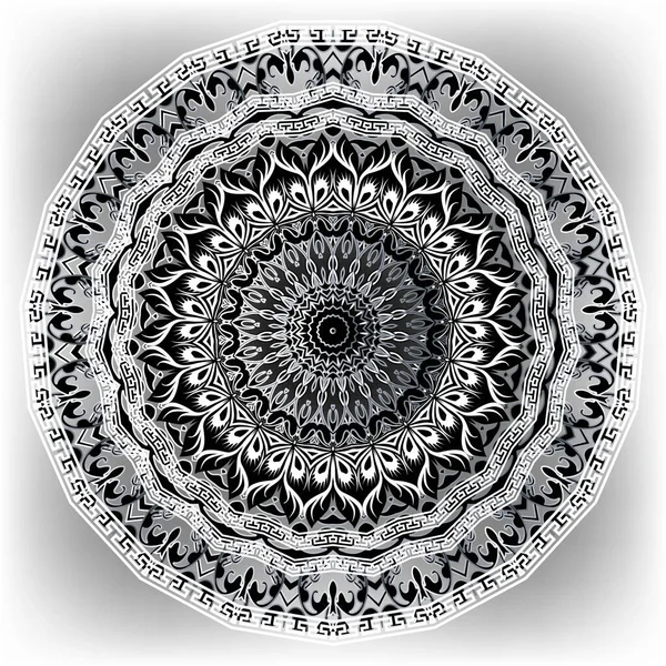 Style ethnique dentelle floral grec vecteur motif mandala. Fond ornemental vintage. Élégance ronde ornement noir et blanc avec des méandres clés grecques, fleurs, feuilles, cercle, cadre. Conception ornée . — Image vectorielle