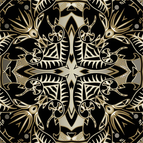 Utsmyckad etnisk stil blommig grekisk vektor sömlös mönster. Geometrisk svart och guld bakgrund. Grekiska nyckel slingrar geometrisk prydnad med vintage gyllene blommor, blad, former, kurvor, linjer. — Stock vektor