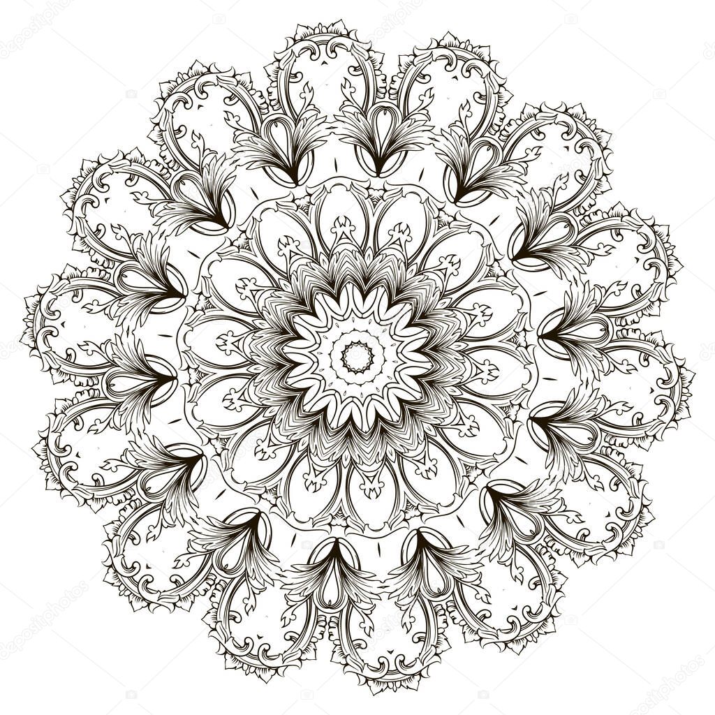 Baroque style black and white vector mandala pattern. Floral decorative background. Monochrome backdrop. Vintage flowers, leaves, frames, round mandala ornaments. Elegance isolated design. Template.