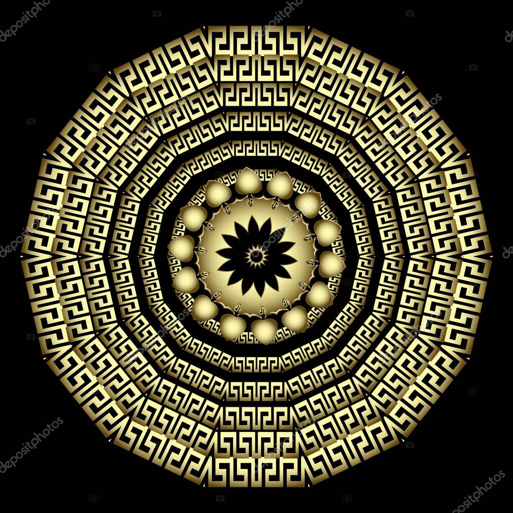 Gold 3d greek style vector mandala pattern. Round radial greek key meanders ornament. Geometric luxury background with textured surface circles, frames, flowers, shapes. Decorative ornate design.