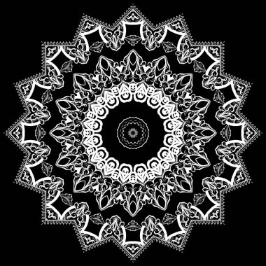 Barok siyah ve beyaz vektör mandala deseni. Süs dekoratif plaka. Desenli tek renkli arka plan. Barok Viktorya tarzında yuvarlak çiçek süsü. Mandala tasarımı. Vintage çiçekler, yapraklar