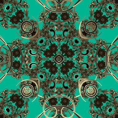 Çiçeksel vintage vektör dikişsiz desen. Yeşil süslemeli Damask arka planı. Barok altın ve zarif çiçekli siyah süsler, Viktorya tarzı yapraklar. Dekoratif simetrik tasarımı tekrarla.