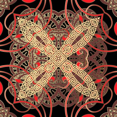 Süslü çiçekli vektör kusursuz desen. Eski model etnik tarz arka plan. Yunan kilit kolları klasik çiçekler, yapraklar ve geometrik şekillerle süslenir. Sonsuz dekoratif dokuyu süsleName.