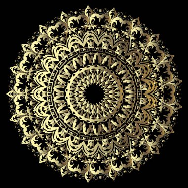 Altın Barok 3d vektör mandala deseni. Süslü modern arka plan. Yuvarlak, 3 boyutlu çiçek süsü. Yüzey metalik altın dokusu. Soyut altın çiçek. Dekoratif desenli dantel tasarımı.