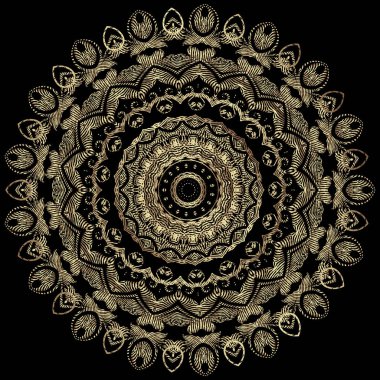 Dokulu altın 3D yuvarlak mandala deseni. Grunge çiçekli vektör etnik süsü. Eski püskü altın desenli çiçekler, yapraklar, daireler, çerçeveler, zikzak çizgileri, şekiller. Nakış stili süsleme dokusu.