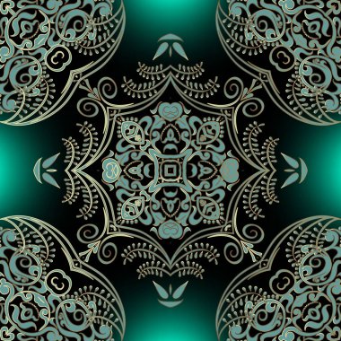 Zarif arabesk renkli vektör kusursuz desen. Parlak, güzel bir arka plan. Çiçek süslemeli Arap tarzı süsler. Klasik etnik tarz çiçekler, yapraklar, noktalar. Damask arkaplanını tekrarla.