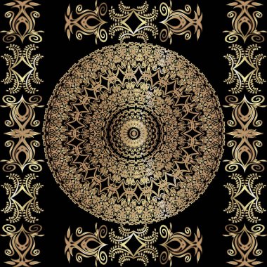 Mandala ve sınır vektörsüz desen. Çiçeksel Arap tarzı yuvarlak süs. Klasik etnik altın çiçekler, yapraklar, noktalar, çerçeve, daireler. Sınır tasarımı. Süslü mandala arkaplanı.